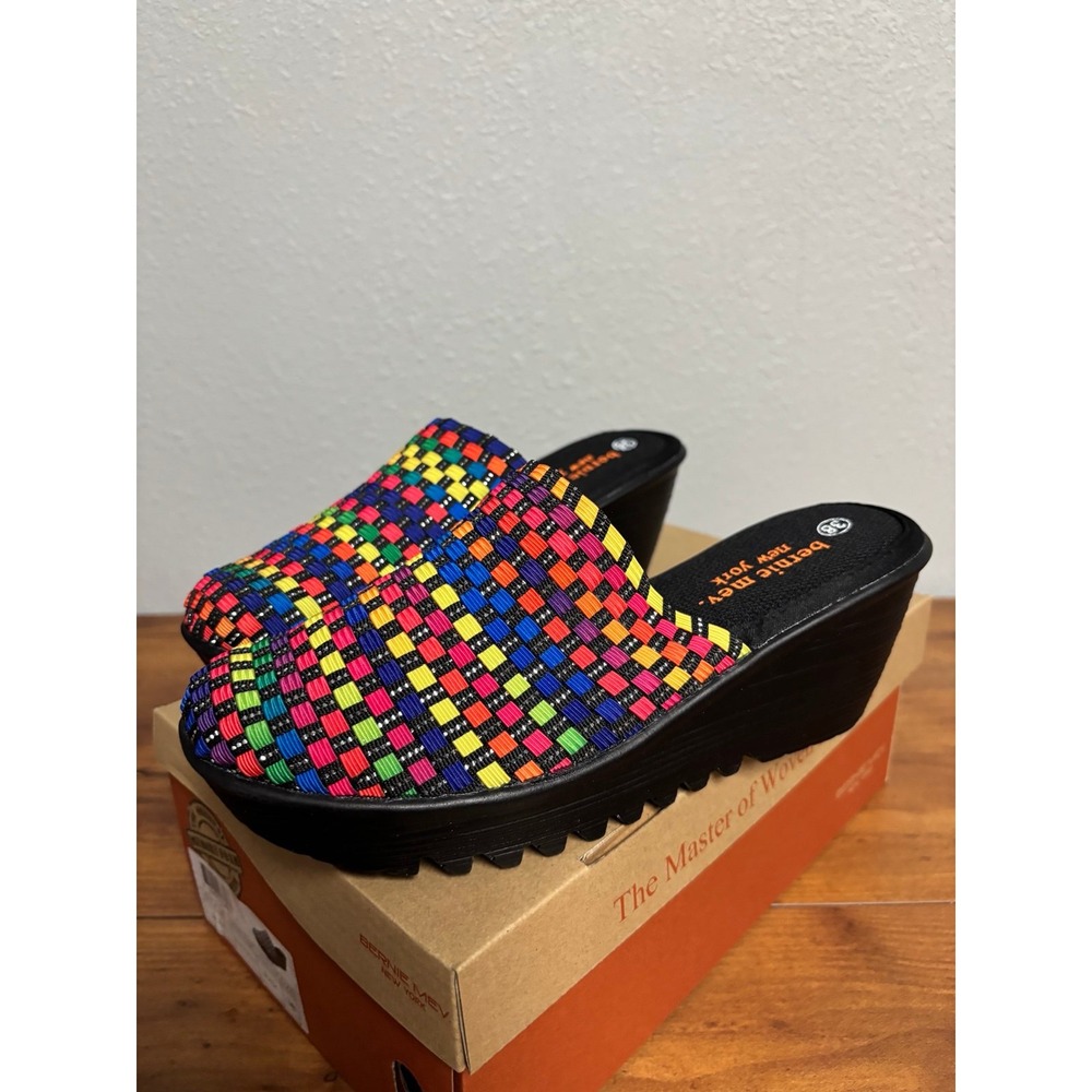 Bernie Mev Mule Black Multi Woven Platform Wedge Shoes Size 38 US 7.5-8